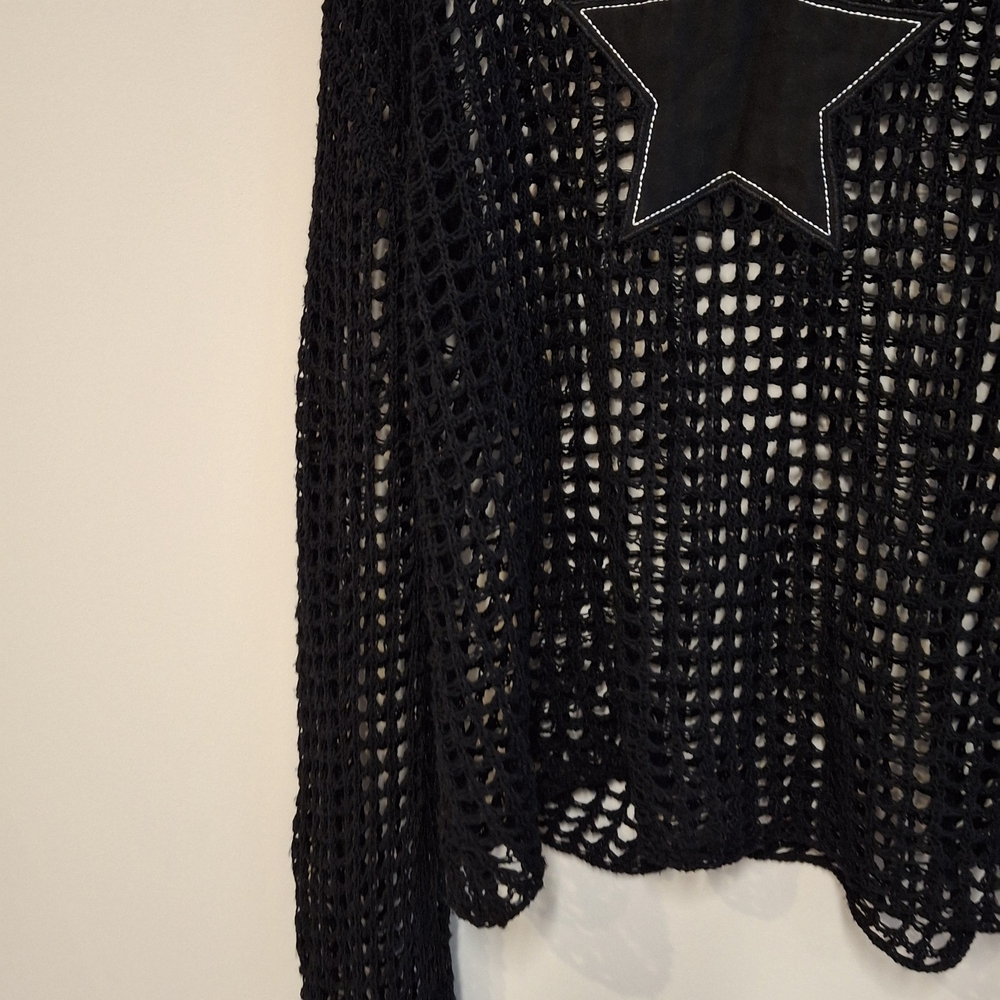 Daisy Street Black Open-Knit Sweater Crochet Top Long Sleeve Star Knit Long Soft - Picture 3 of 9